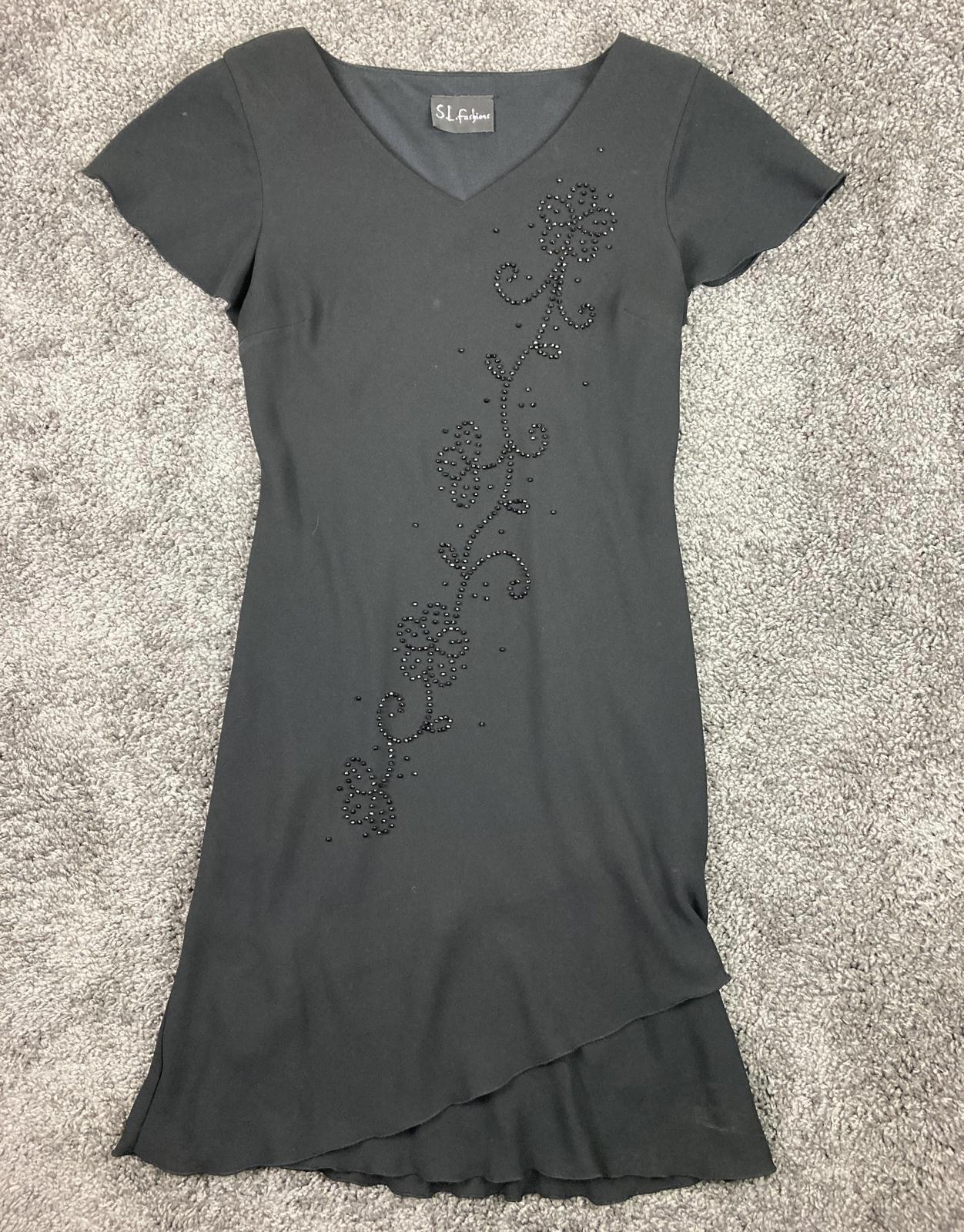 SL Fashions Black Beaded Floral Dress Women Size 6 Approx Asymmetrical Hem