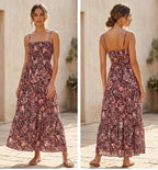 Steve Madden Floral Smocked Maxi Dress S Burgundy Boho Tiered Strappy Sun Dress