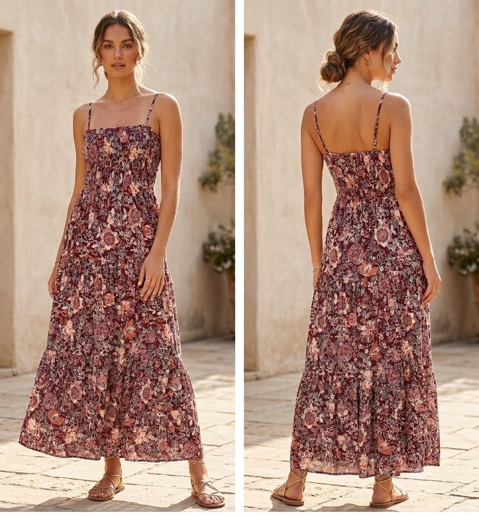 Steve Madden Floral Smocked Maxi Dress S Burgundy Boho Tiered Strappy Sun Dress
