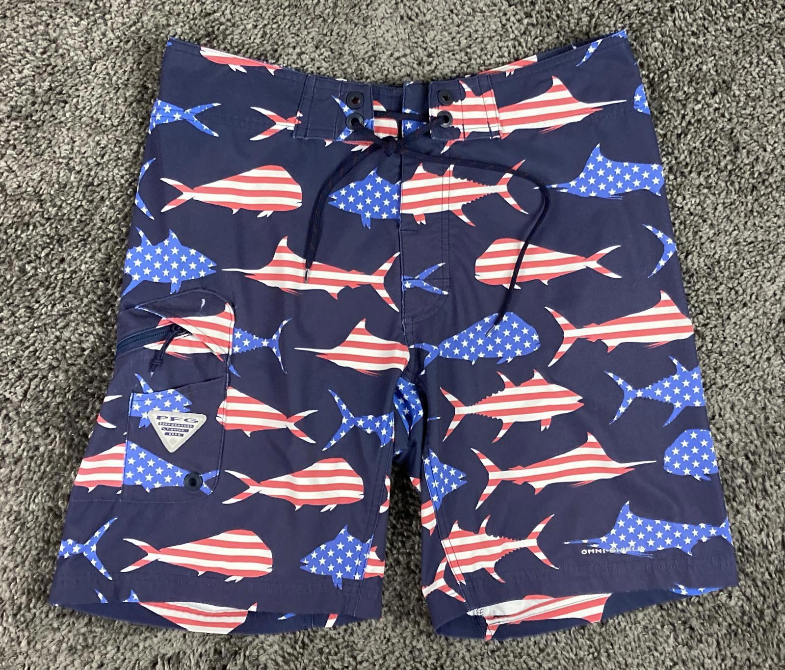 Columbia PFG Men's Fishing Board Shorts American Flag Fish Bottle Opener Sz 32