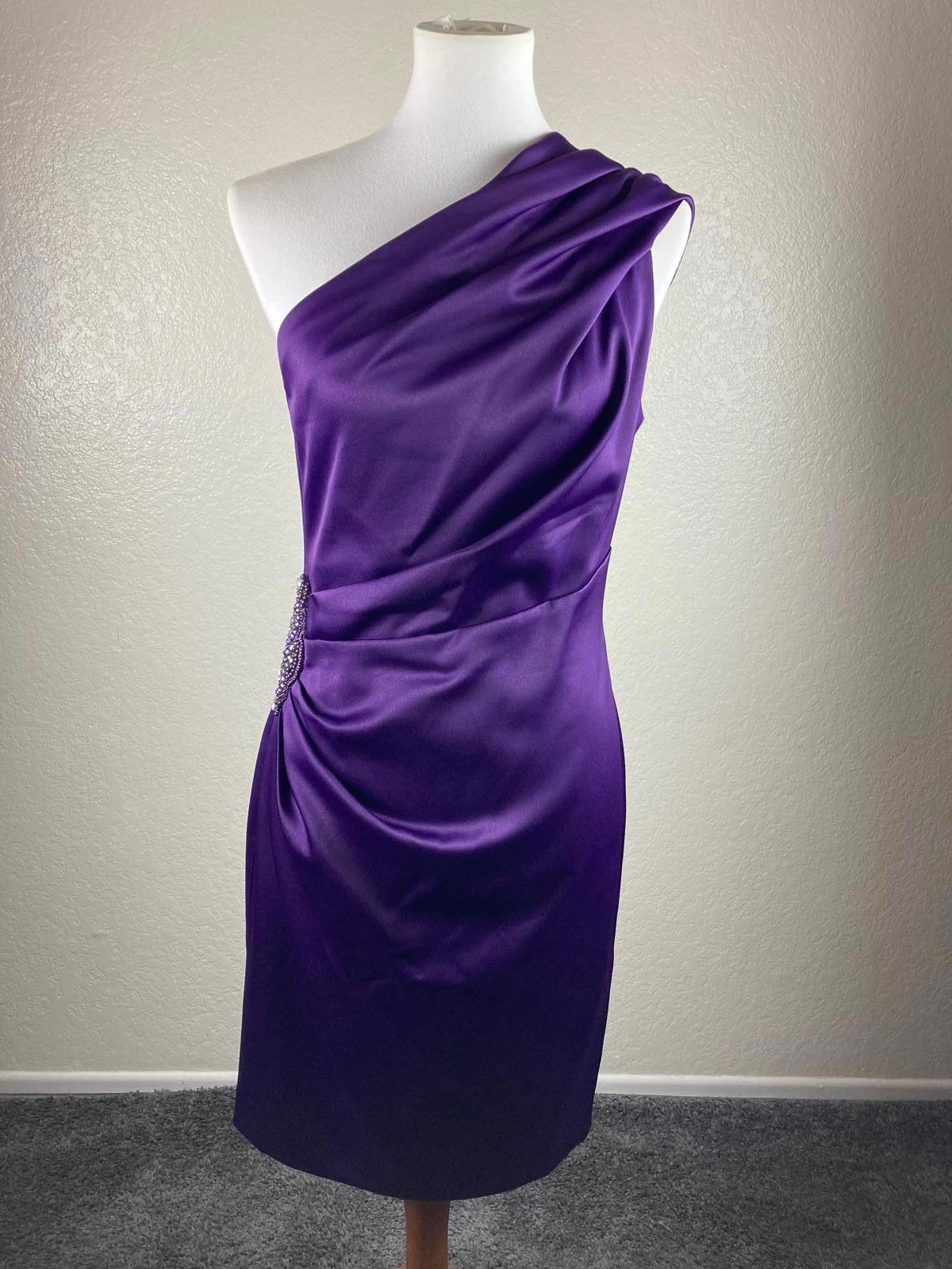 Eliza J Purple Satin One Shoulder Jeweled Brooch Cocktail Dress Lined Size 8