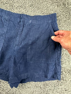Nicole Miller New York 100% Linen Shorts M Navy Blue Patch Pocket Elastic Waist