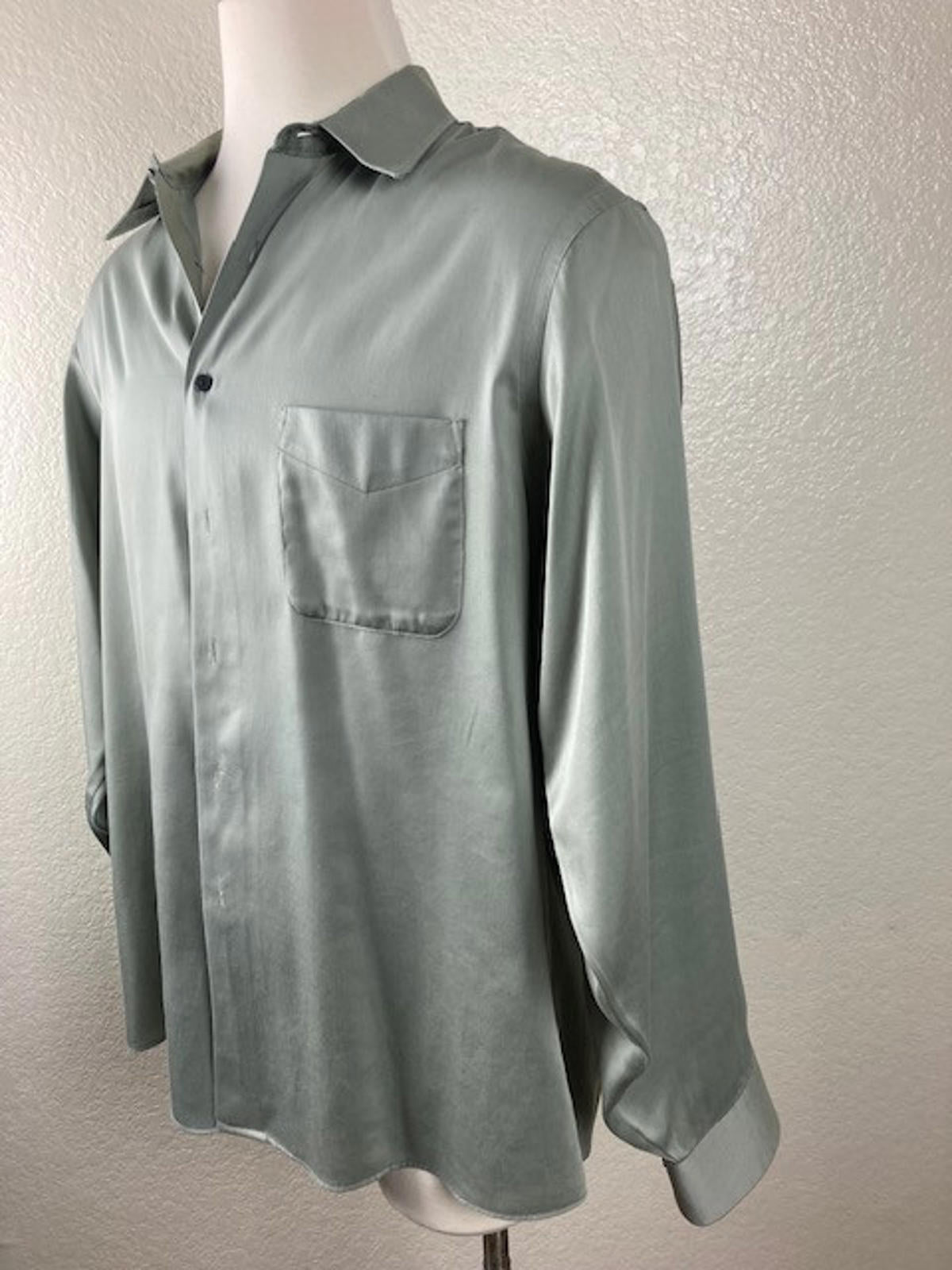 Geoffrey Beene Mens Green Sateen Dress Shirt 17.5 Neck 36 37 Sleeve Button Up