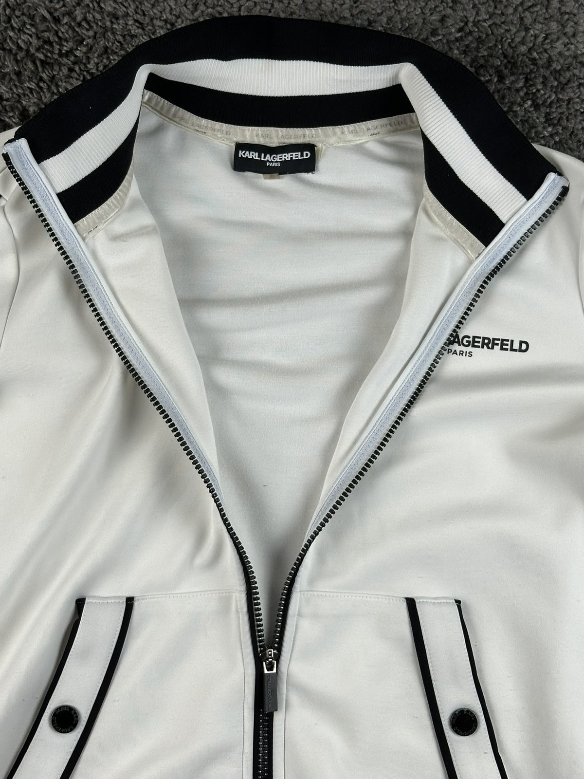 Karl Lagerfeld Paris Womens Small Track Jacket White Black Snap Sleeve Full Zip