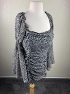 Vici Morris Floral Bell Sleeve Ruched Mini Dress Black White Boho Square Neck S