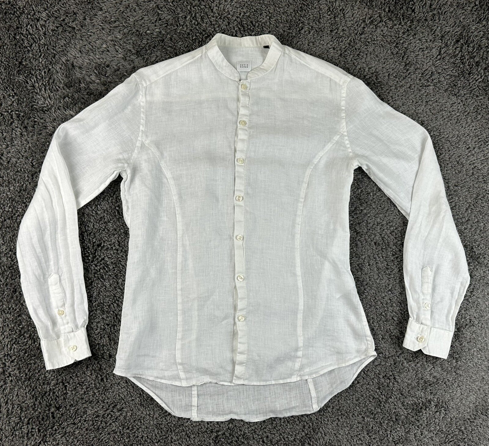 David Naman Mens M White 100% Linen Band Collar Mandarin Shirt Long Sleeve