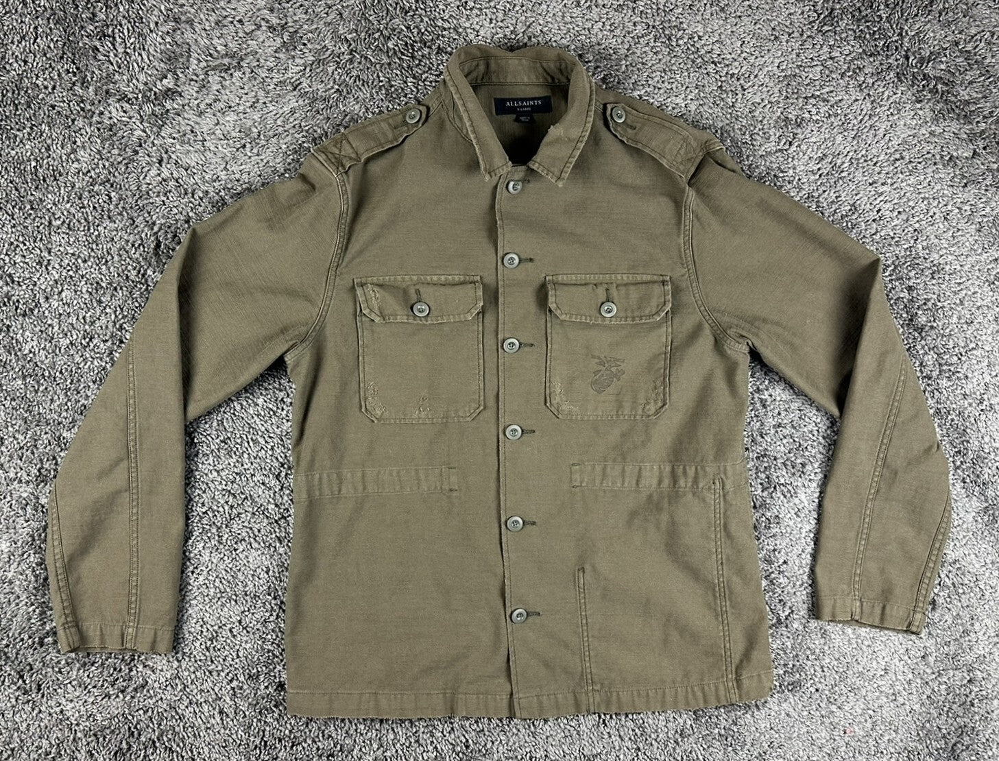 AllSaints Sapper Mens XL Military Overshirt Jacket Olive Green Distressed Cotton