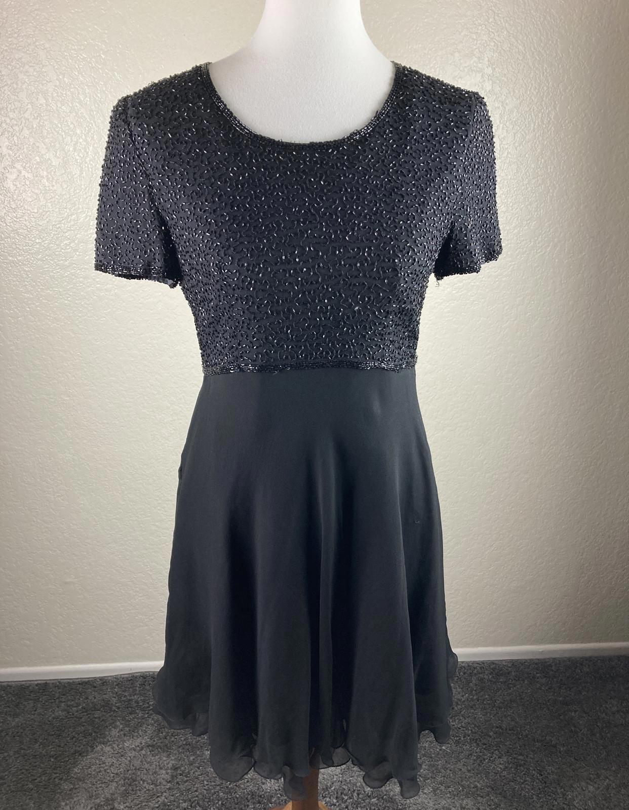 Papell Boutique Evening 100% Silk Beaded Bodice Black Fit Flare Dress Lined Sz 6