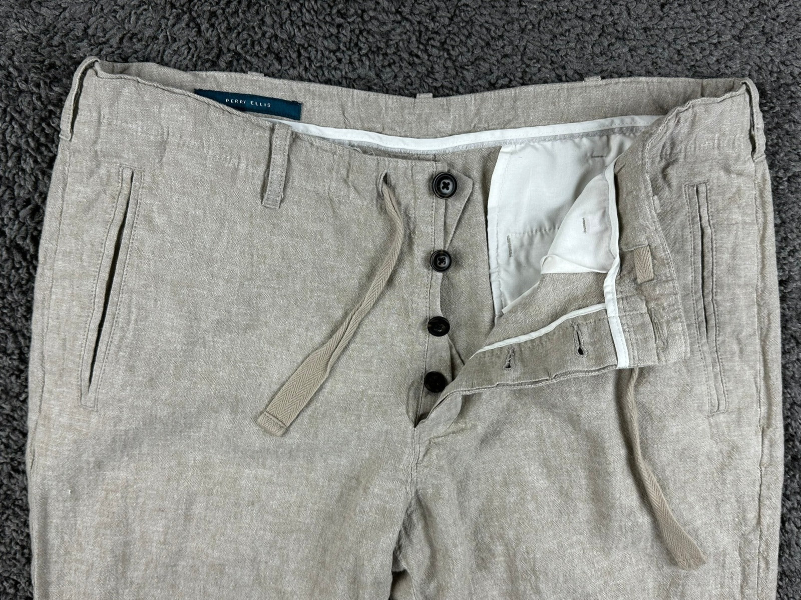 Perry Ellis Mens Linen Blend Drawstring Pants 34x32 Beige Beach Resort Chino