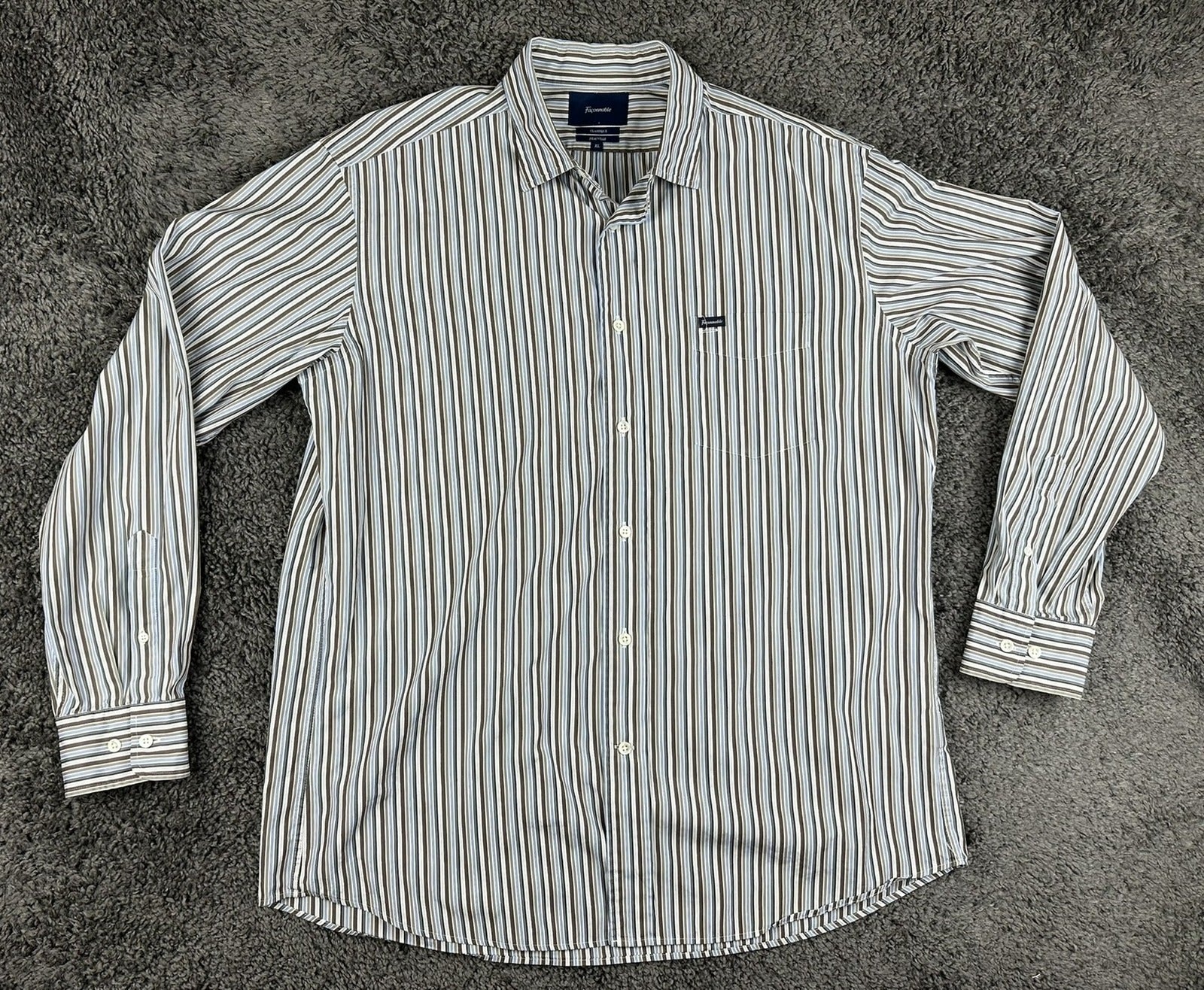 Faconnable Mens XL Shirt Classique Deauville BrownBlue Striped Button Up