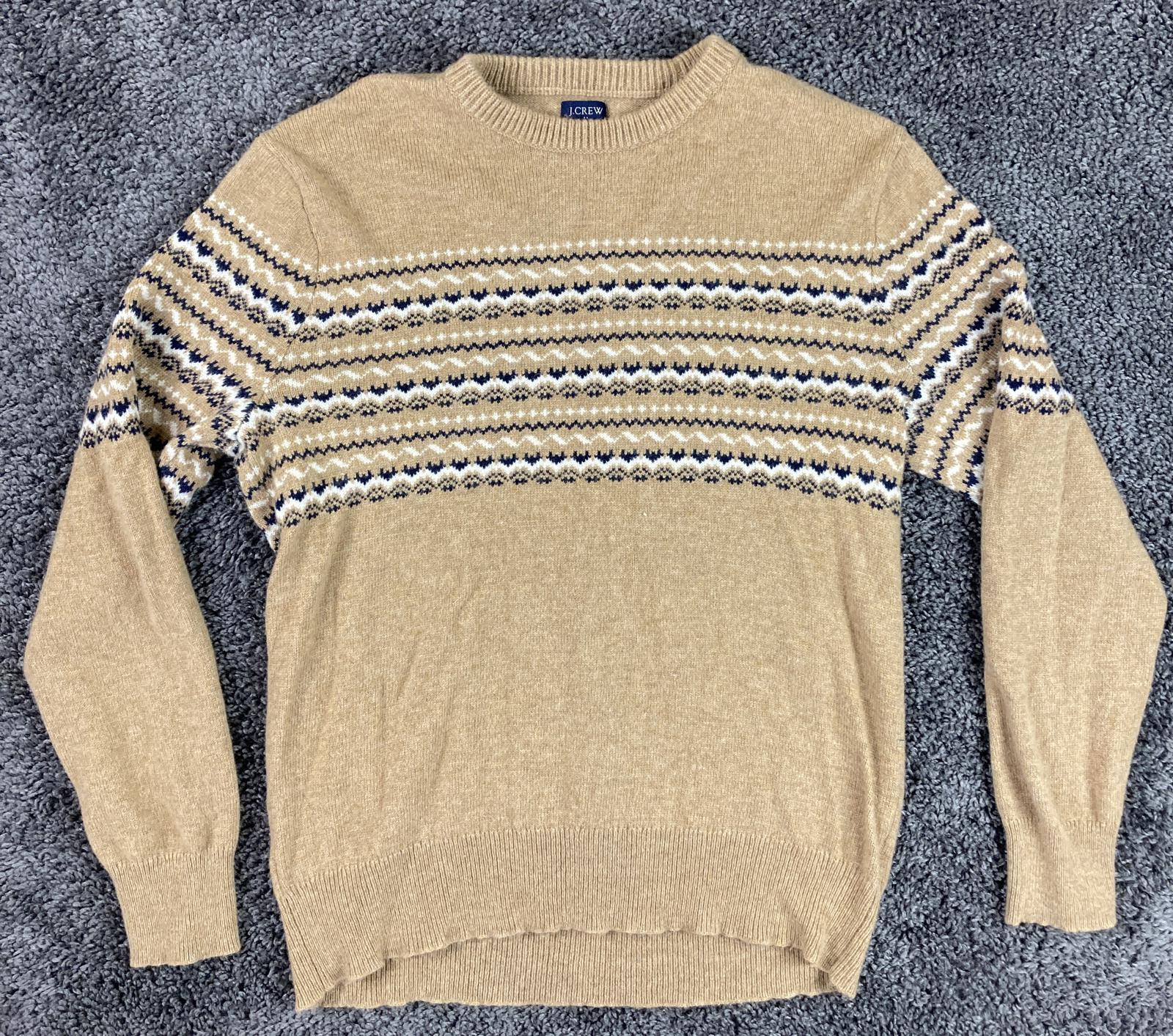 J.Crew Mens Fair Isle Lambswool Blend Sweater Large Tan Navy Cream Crewneck