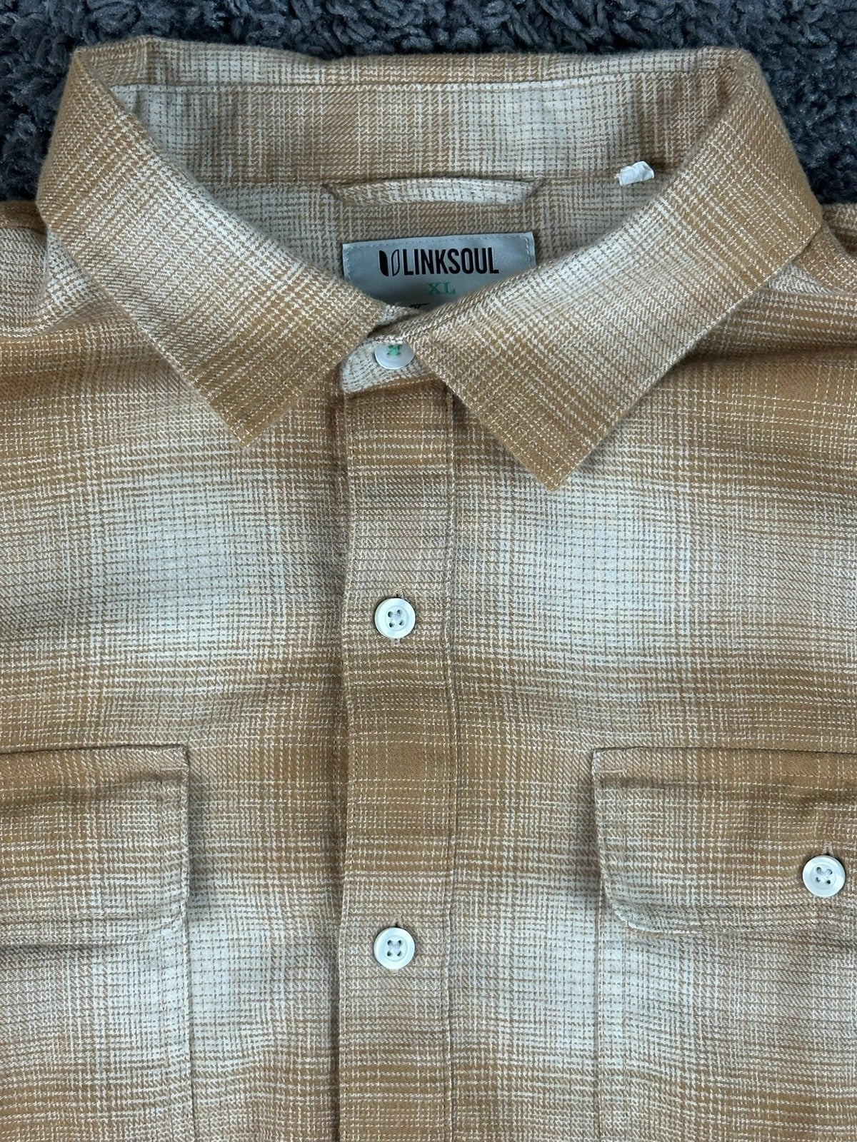 Linksoul Plaid Button Up Shirt Mens XL Tan Cream Long Sleeve