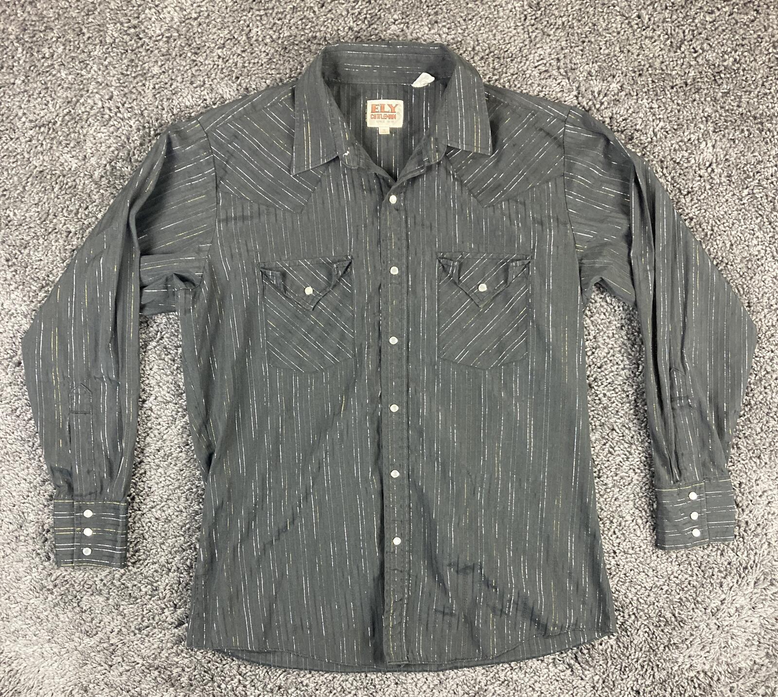 Ely Cattleman Western Pearl Snap Shirt Black Silver Gold Disco Cowboy Sz 16 33