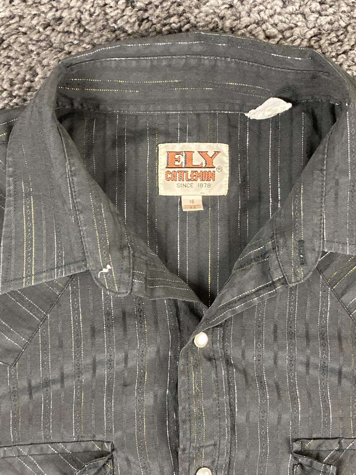 Ely Cattleman Western Pearl Snap Shirt Black Silver Gold Disco Cowboy Sz 16 33