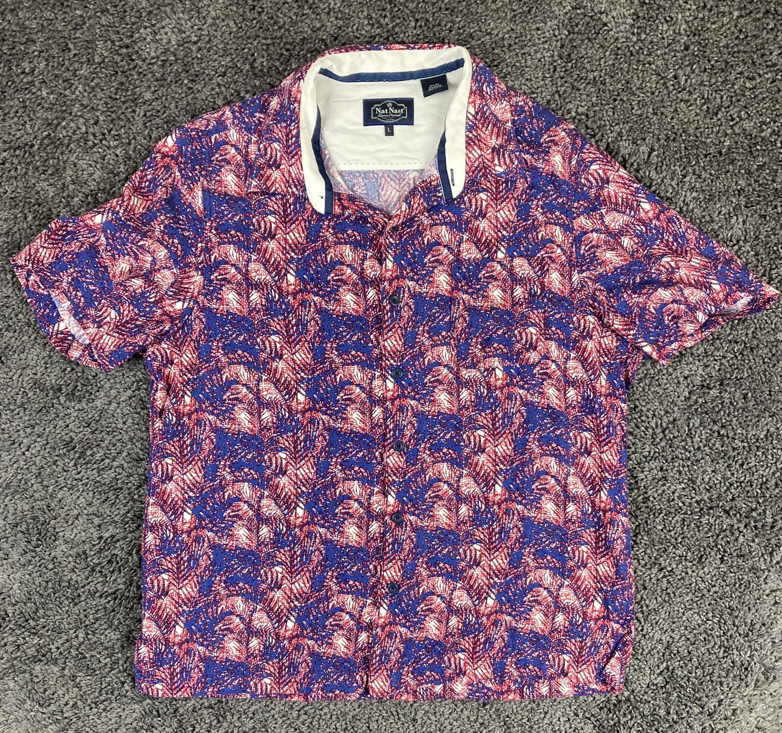 Nat Nast Luxury Originals Men’s Silk Blend Camp Shirt Red Blue Palm Print Sz L