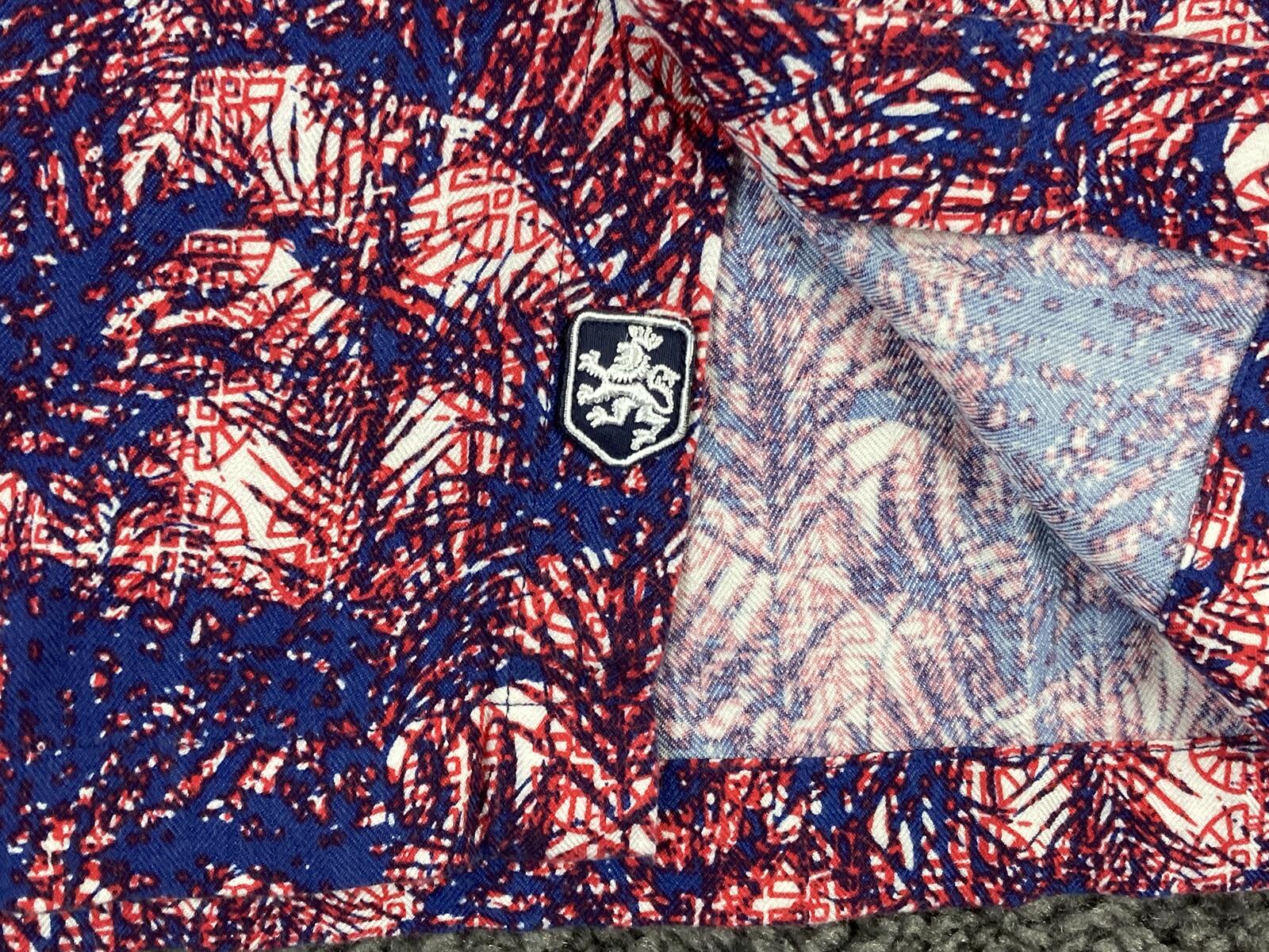 Nat Nast Luxury Originals Men’s Silk Blend Camp Shirt Red Blue Palm Print Sz L