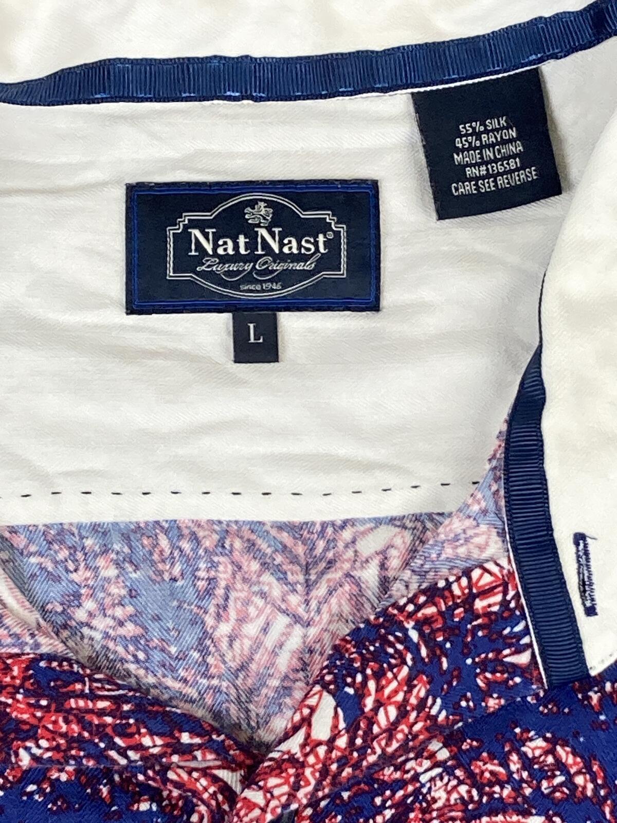 Nat Nast Luxury Originals Men’s Silk Blend Camp Shirt Red Blue Palm Print Sz L