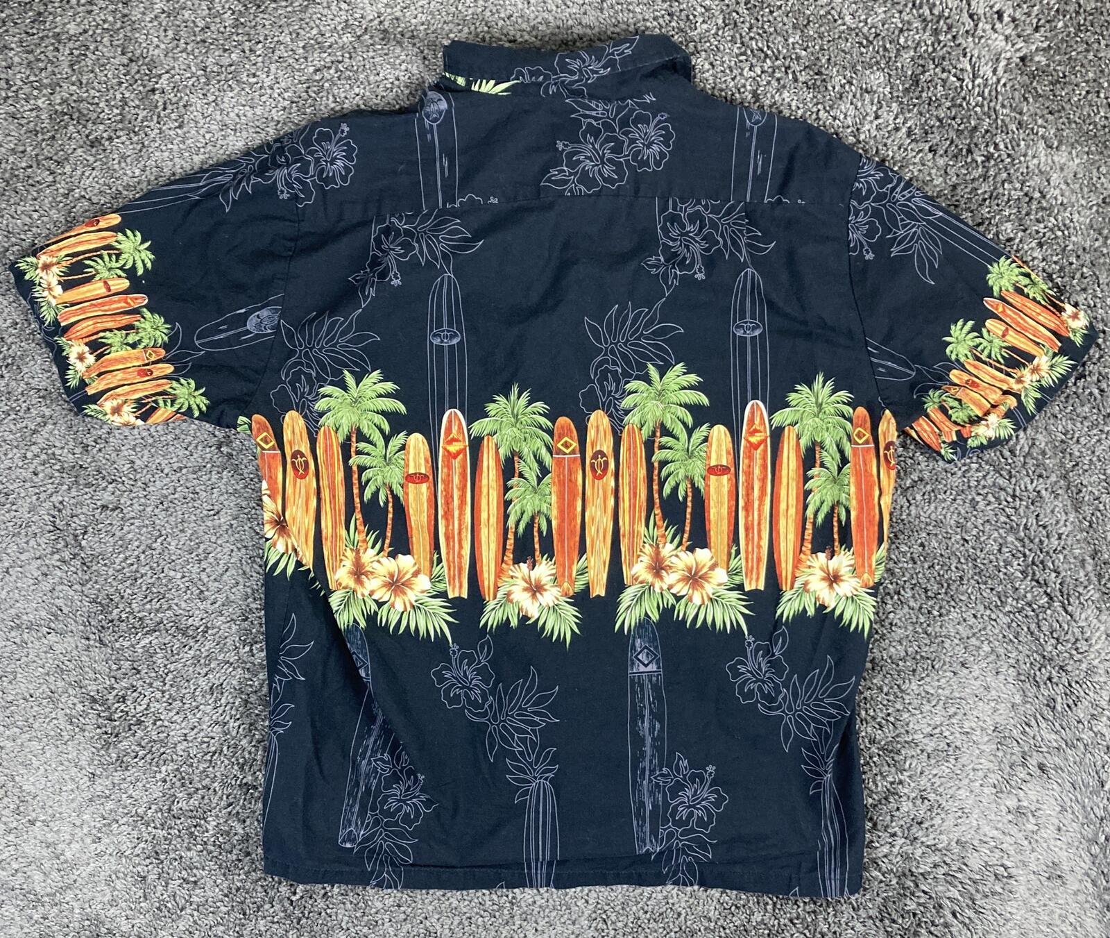 Hawaiian Reserve Collection Mens Black Surfboard Palm Tree Aloha Camp Shirt XL
