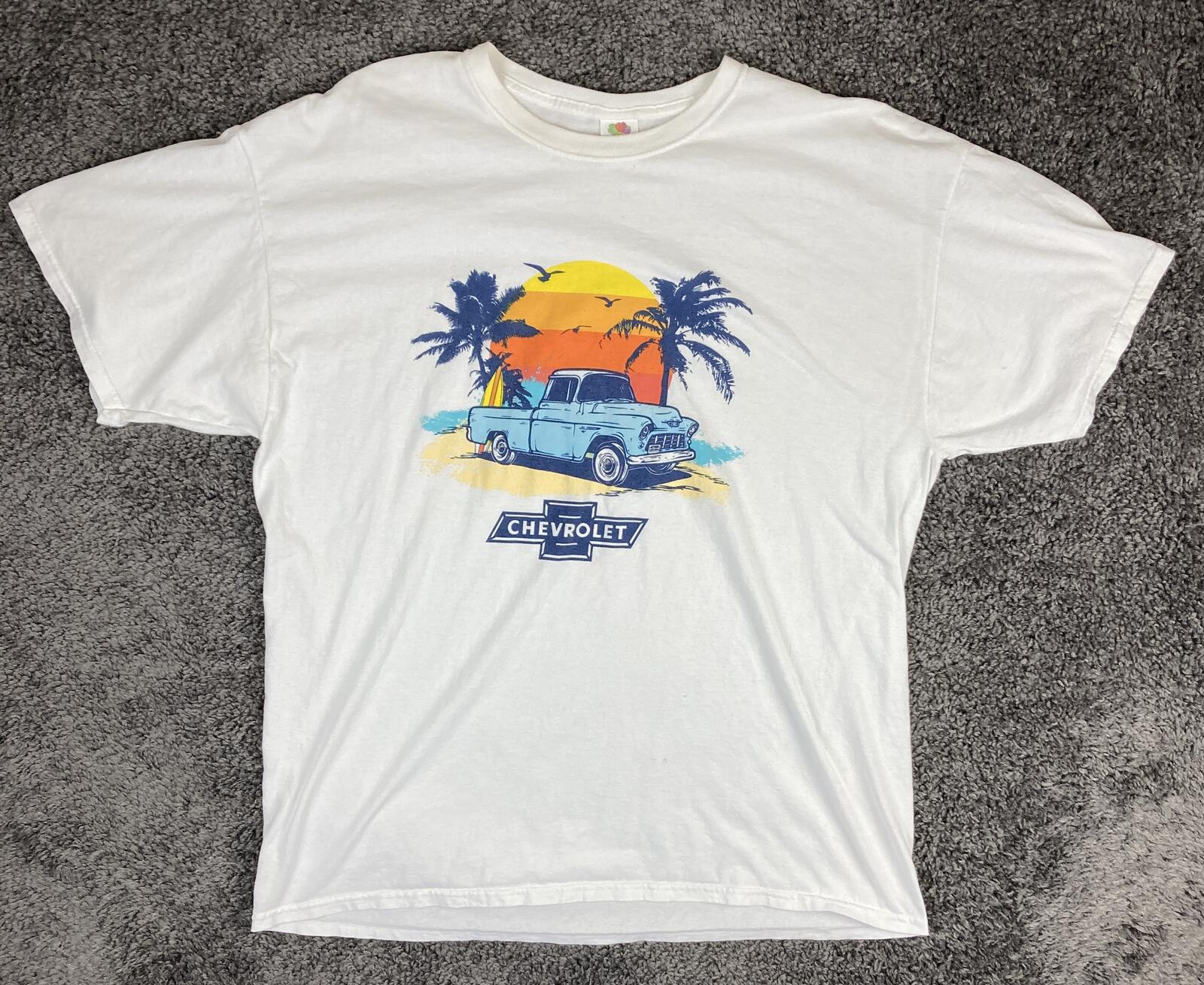 Chevrolet Classic Trucks T-Shirt White Chevy Blue Pickup Sunset Beach GM Sz XL