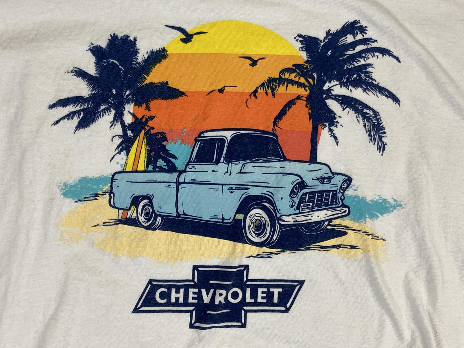 Chevrolet Classic Trucks T-Shirt White Chevy Blue Pickup Sunset Beach GM Sz XL
