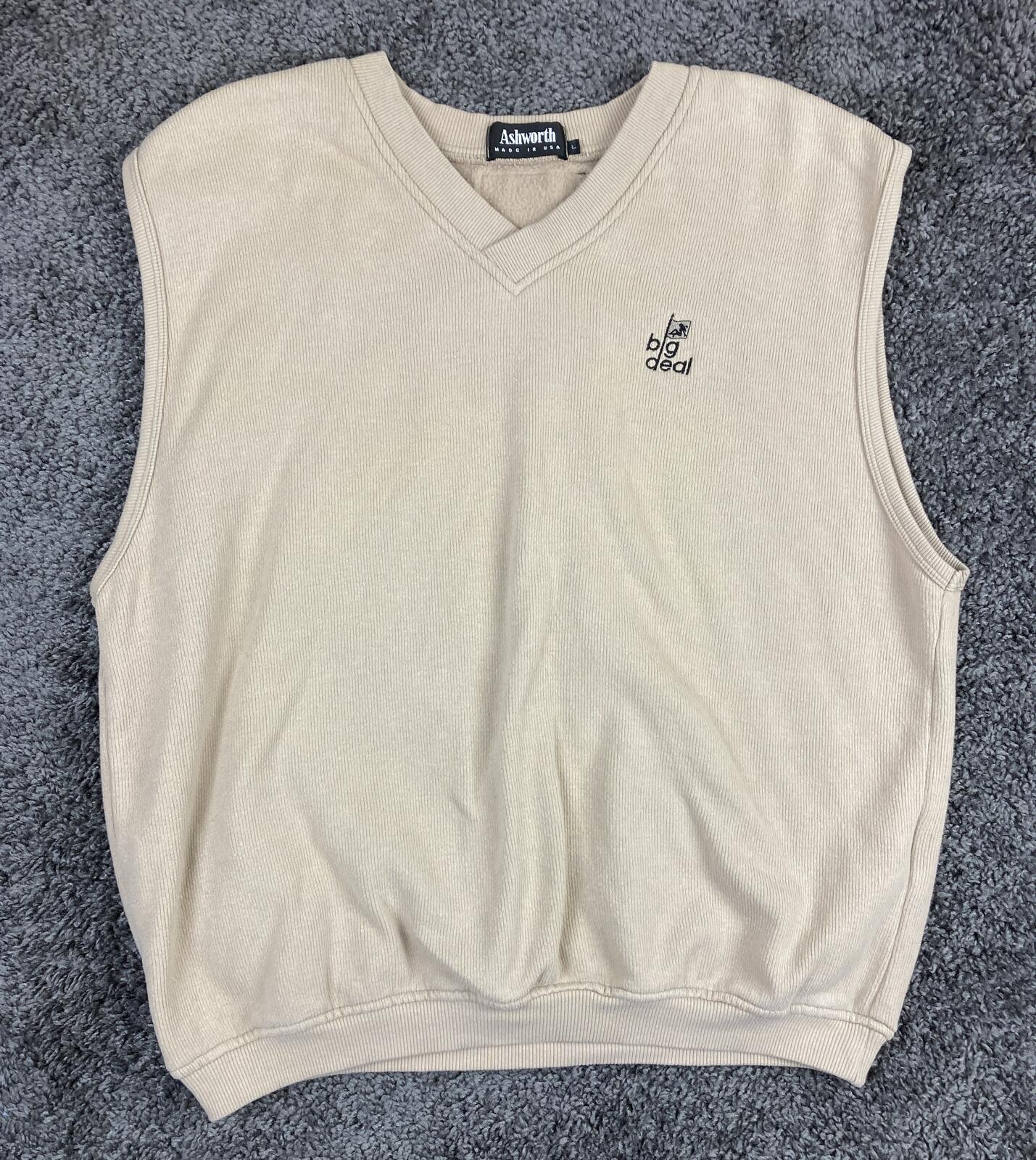 Vintage Ashworth Sweater Vest V-neck Sleeveless Men's Beige Golf Sz L