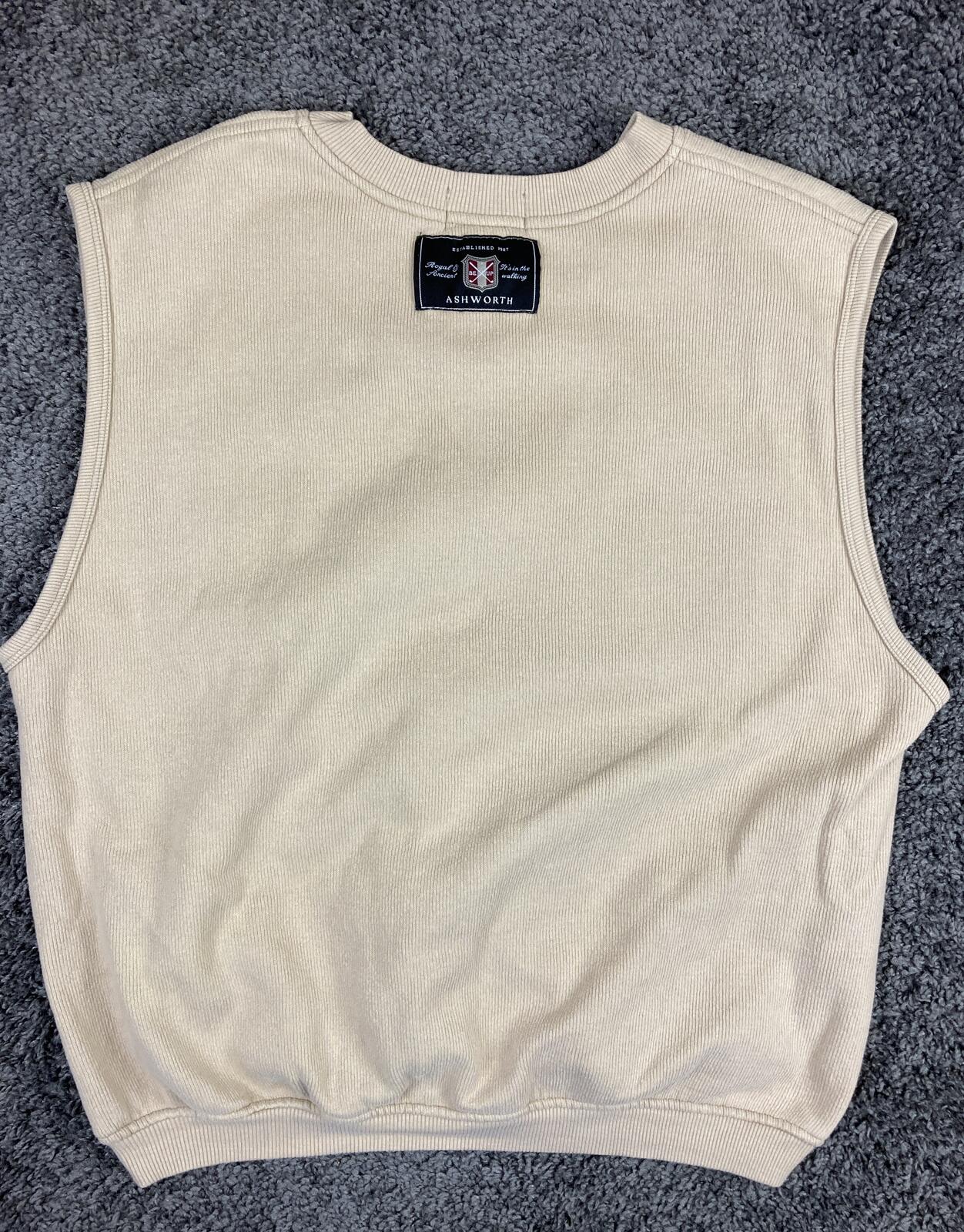 Vintage Ashworth Sweater Vest V-neck Sleeveless Men's Beige Golf Sz L