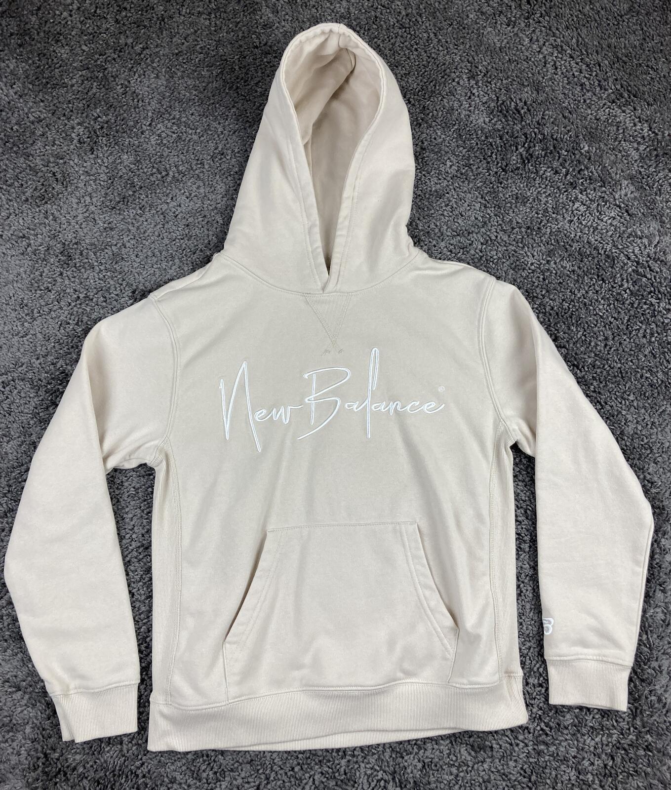 New Balance Hoodie Logo Pullover Youth Girls Beige Fleece Sweatshirt Sz 16