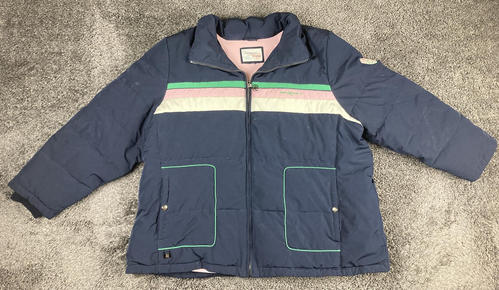 Vintage ZeroXposur Women’s Down Puffer Jacket Navy Pink Green Striped Coat Sz XL