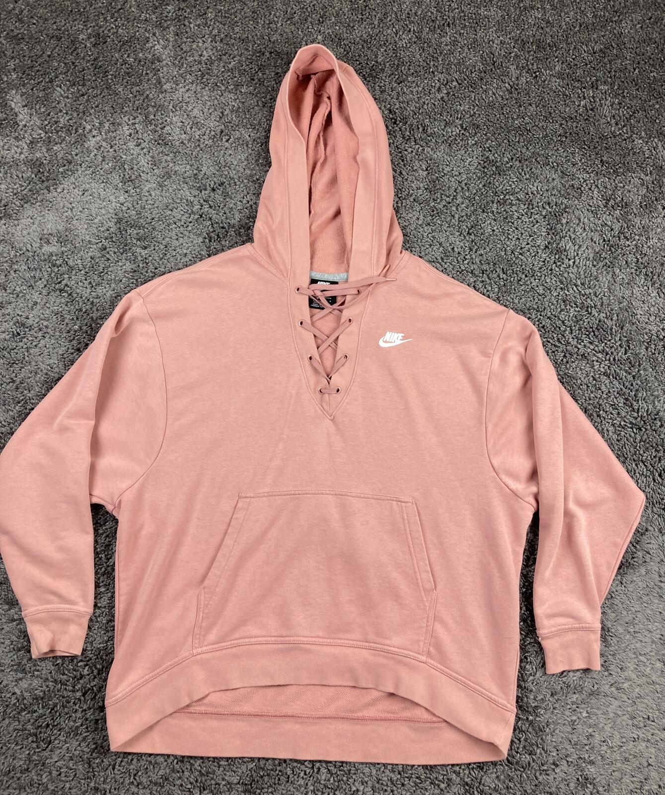 Nike Women's Club Lace Up Hoodie Rust Pink Sweatshirt Pullover Kangaroo Pocket L