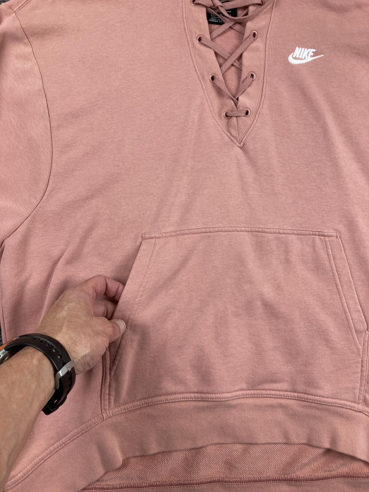Nike Women's Club Lace Up Hoodie Rust Pink Sweatshirt Pullover Kangaroo Pocket L