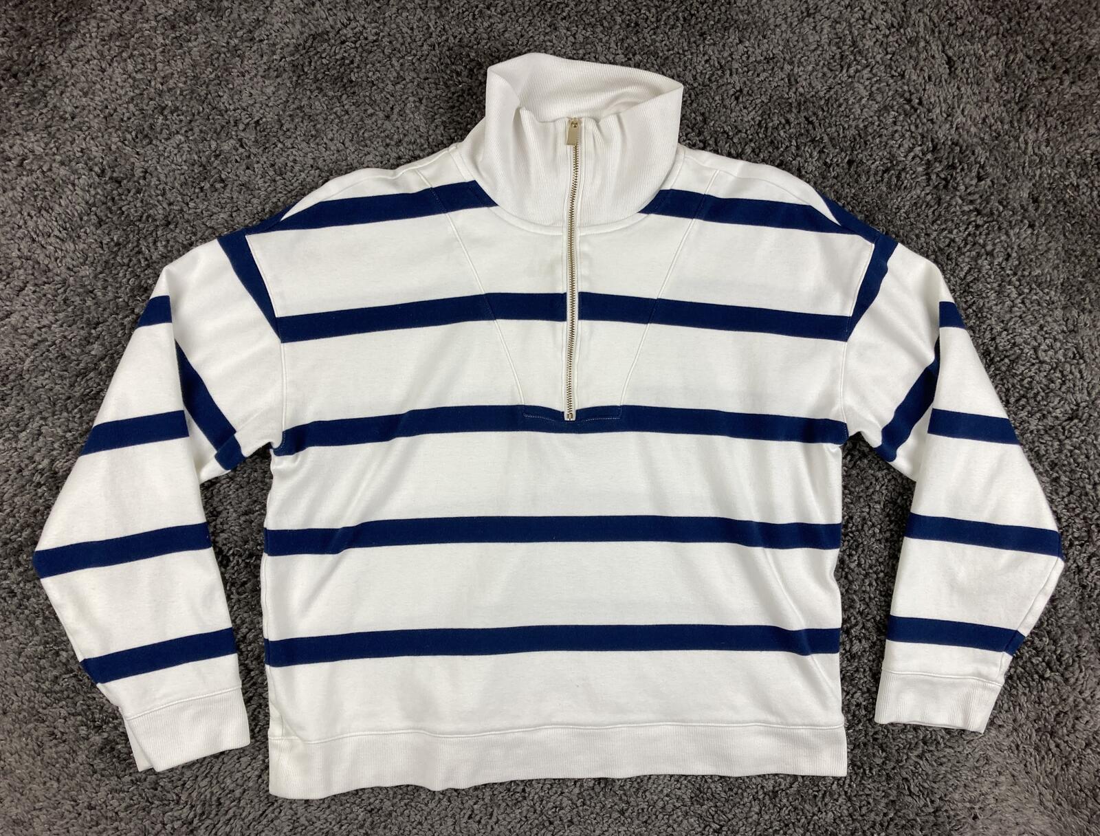 Haven Well Within Organic Cotton Striped Quarter Zip Sweatshirt Navy White Sz L