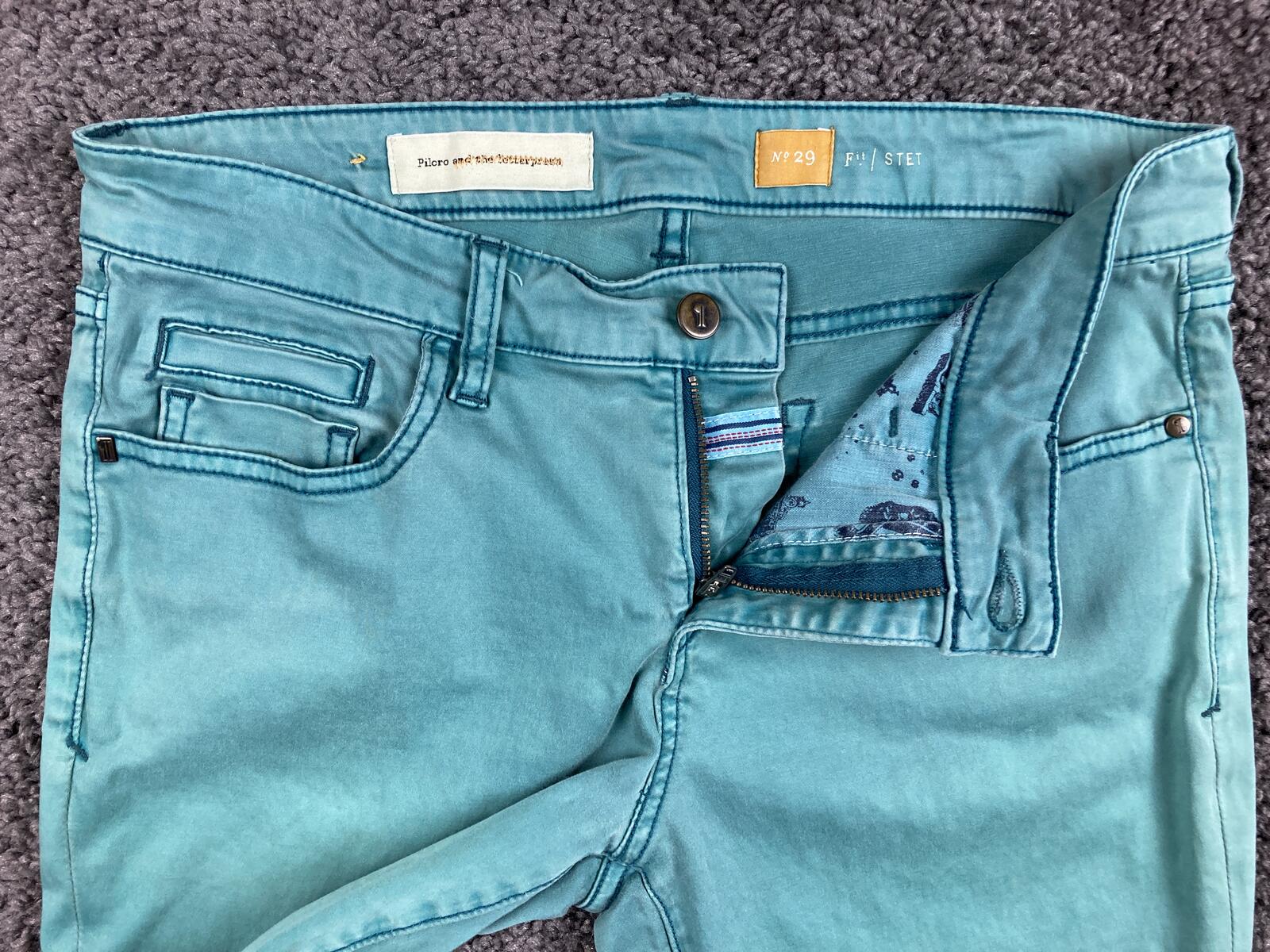 Pilcro & the Letterpress Stet Skinny Jeans Teal Turquoise Anthropologie Soft 29