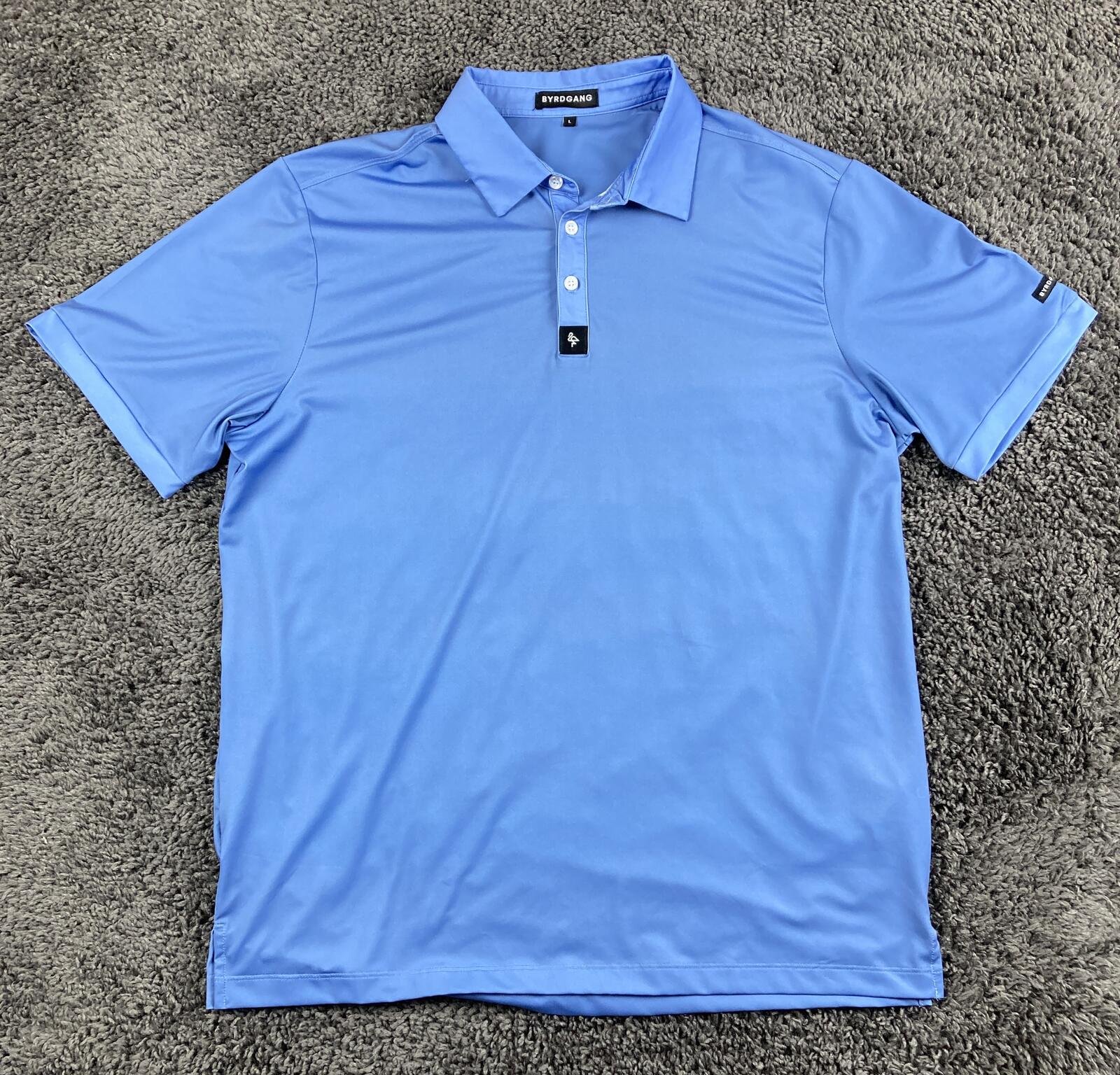 Byrdgang Golf Polo Shirt Mens Large Blue Performance Tech Stretch Flamingo Logo