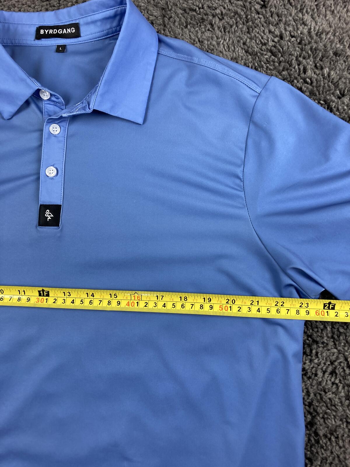 Byrdgang Golf Polo Shirt Mens Large Blue Performance Tech Stretch Flamingo Logo