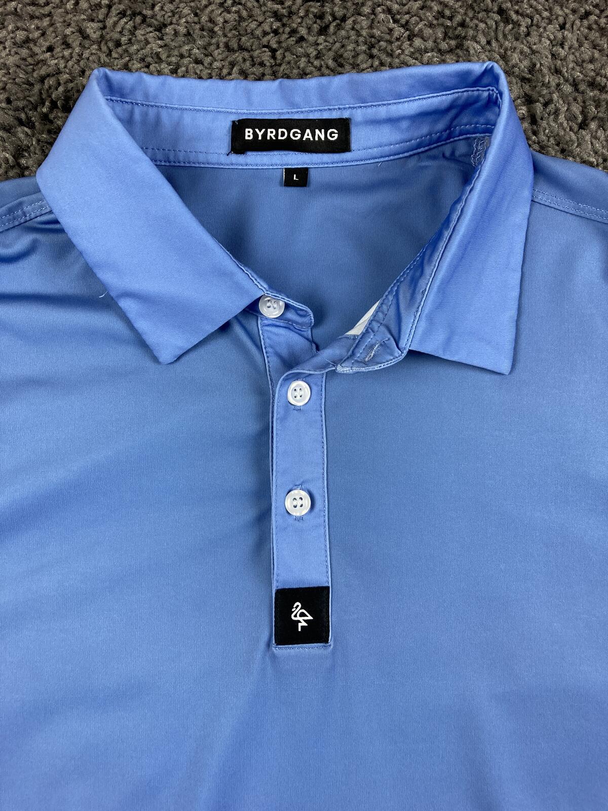 Byrdgang Golf Polo Shirt Mens Large Blue Performance Tech Stretch Flamingo Logo