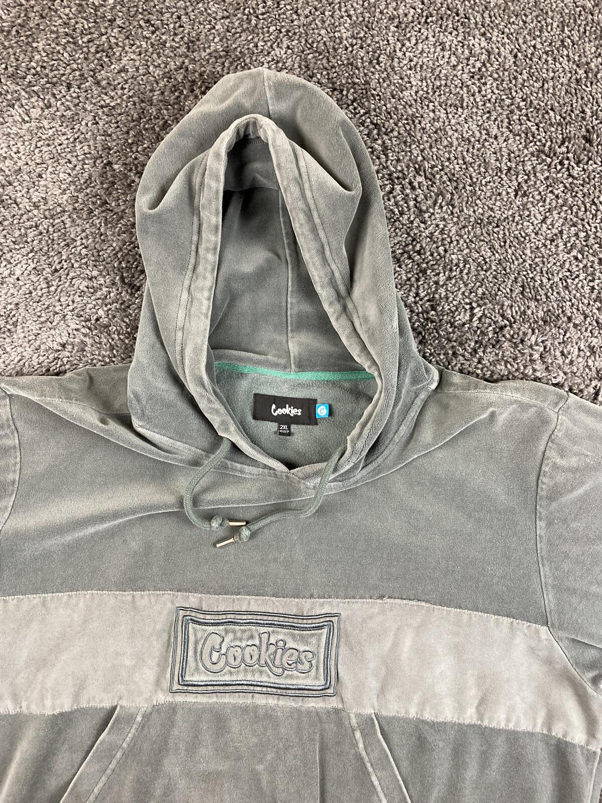 Cookies SF Prima Velour Hoodie Mens Gray Mineral Wash Streetwear Pullover Sz 2XL