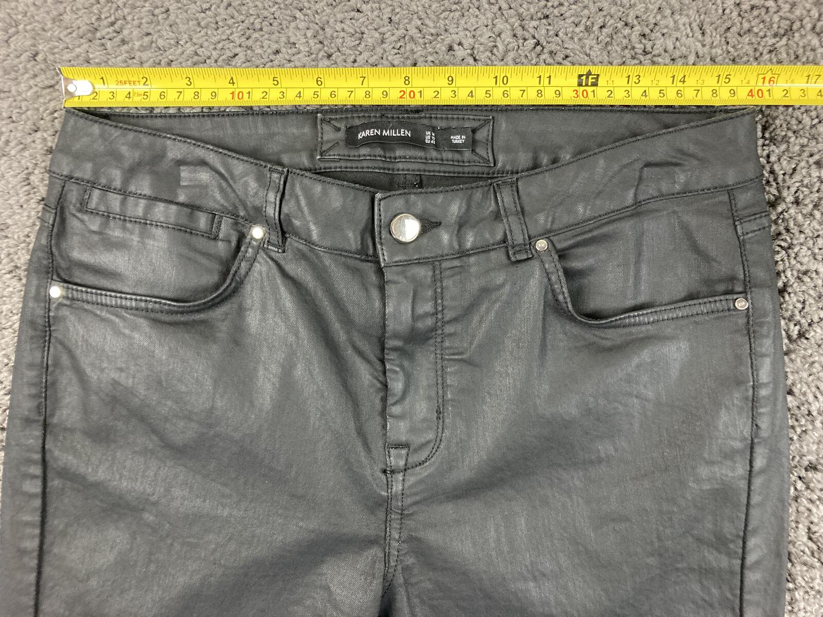 Karen Millen Black Coated Skinny Jeans 32x29 Leather Look Stretch Size 10