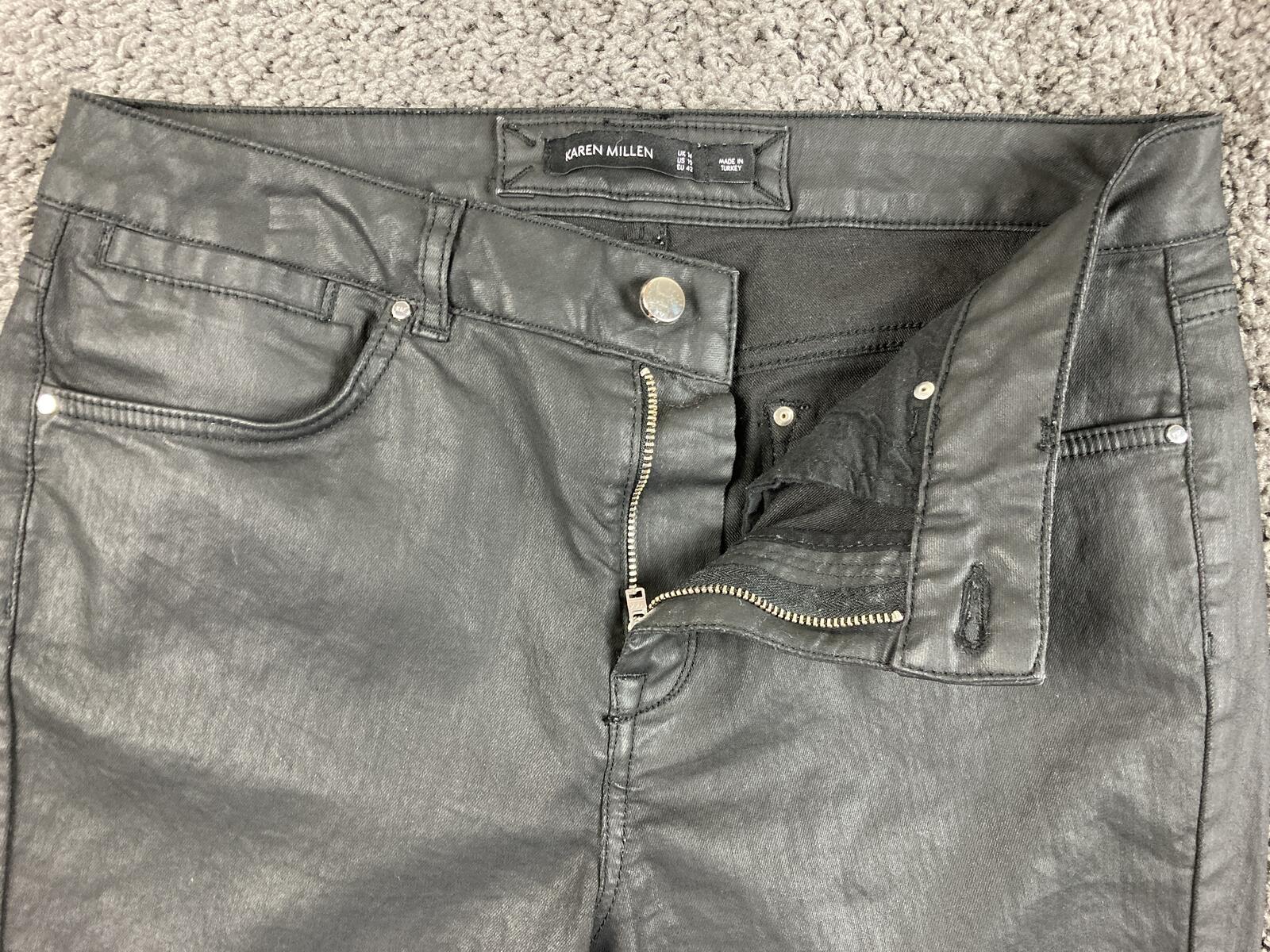 Karen Millen Black Coated Skinny Jeans 32x29 Leather Look Stretch Size 10