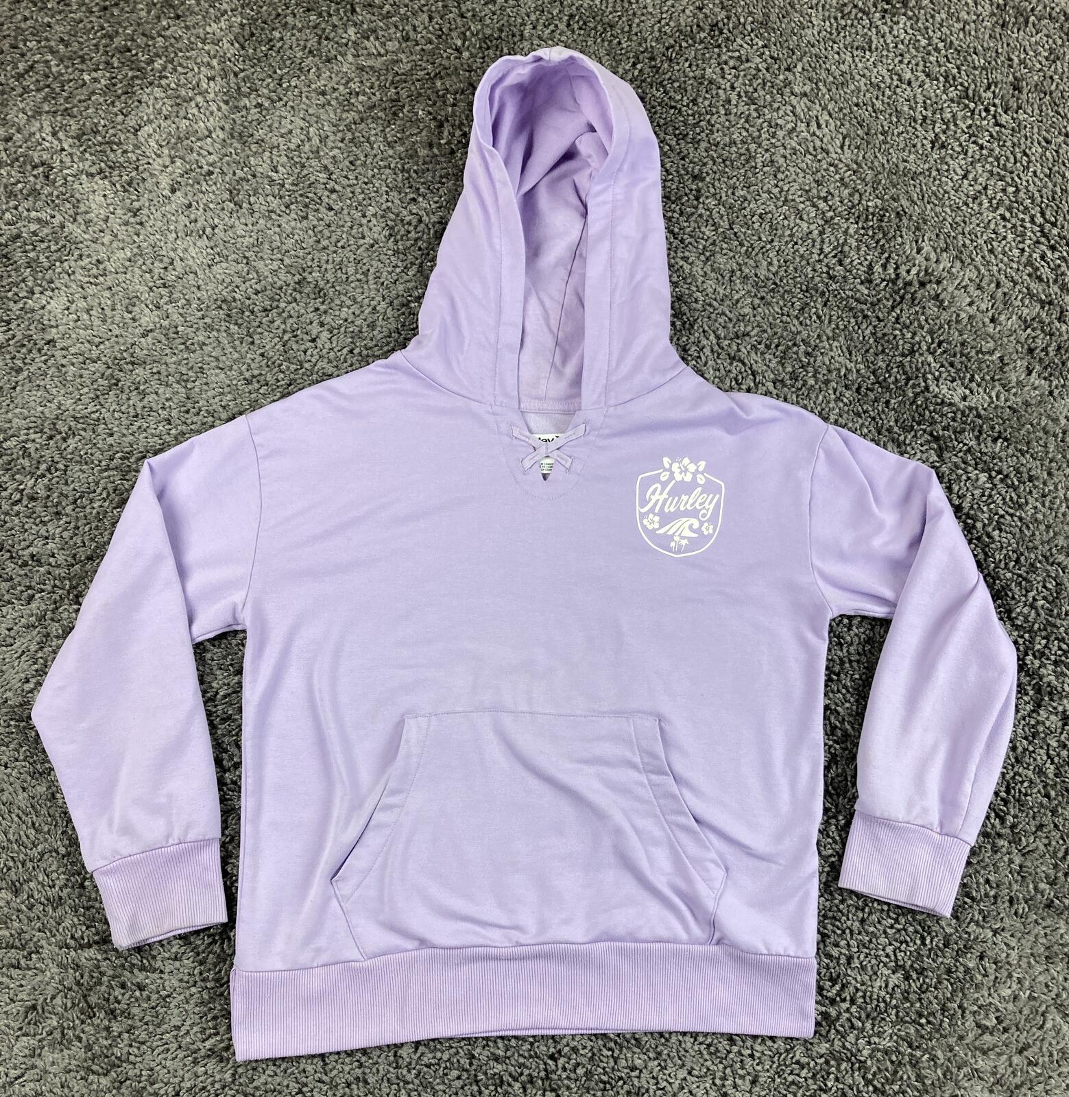 Hurley Girls Hoodie Purple Lavender Lace Up V-Neck Tropical Wave Logo Size S 7/8