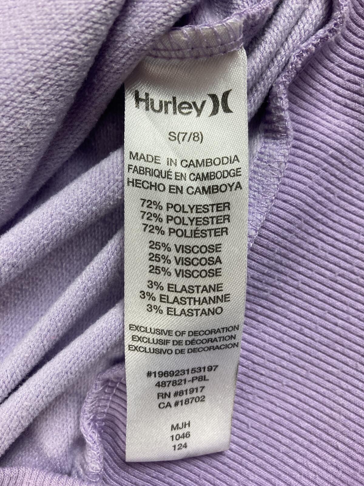 Hurley Girls Hoodie Purple Lavender Lace Up V-Neck Tropical Wave Logo Size S 7/8