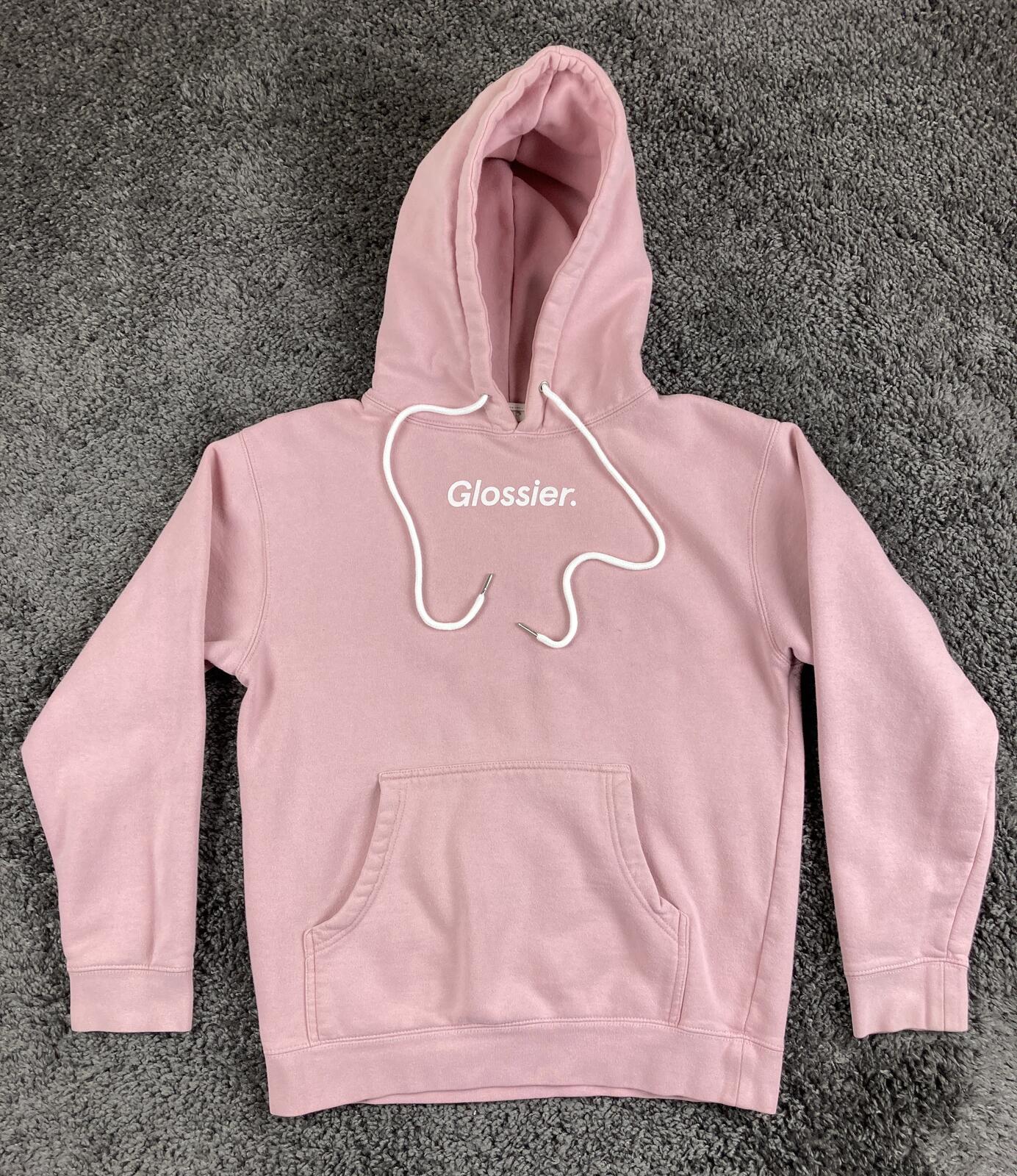 Glossier Original Pink Hoodie Extra Small Pullover Logo Smiley Wave Sz XS
