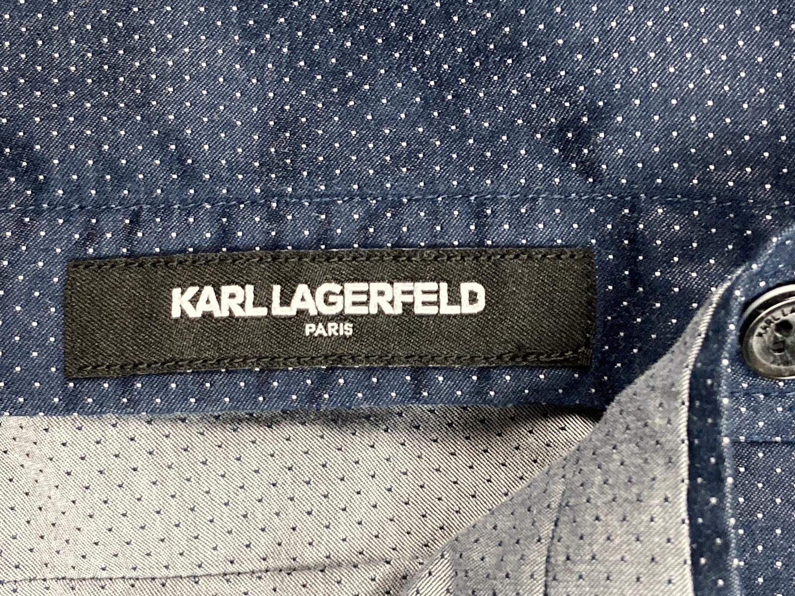 Karl Lagerfeld Paris Mens Shirt Blue White Polka Dot Button Down Cotton Sz Large