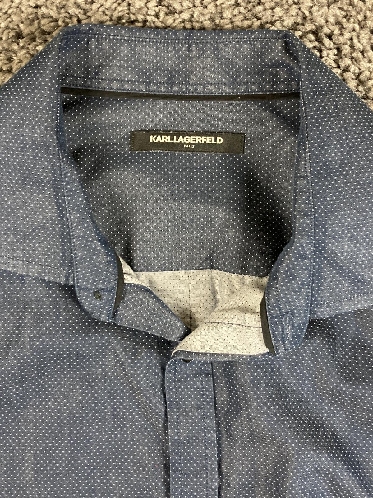 Karl Lagerfeld Paris Mens Shirt Blue White Polka Dot Button Down Cotton Sz Large