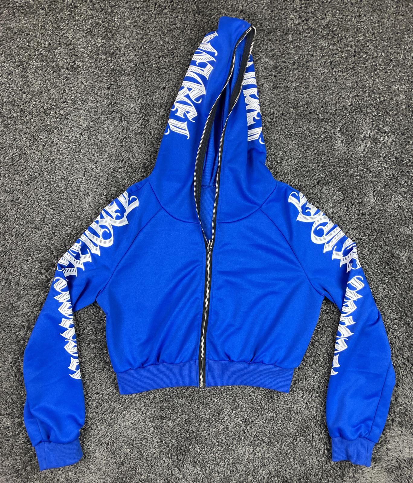 Shein Cropped Old English Graffiti Hoodie Zip Up Hoodie Womens M Blue