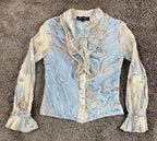 Geisha Designs Anthropologie Blue Marble Print Ruffle Blouse Button Up Top Sz S