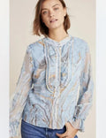 Geisha Designs Anthropologie Blue Marble Print Ruffle Blouse Button Up Top Sz S
