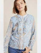 Geisha Designs Anthropologie Blue Marble Print Ruffle Blouse Button Up Top Sz S