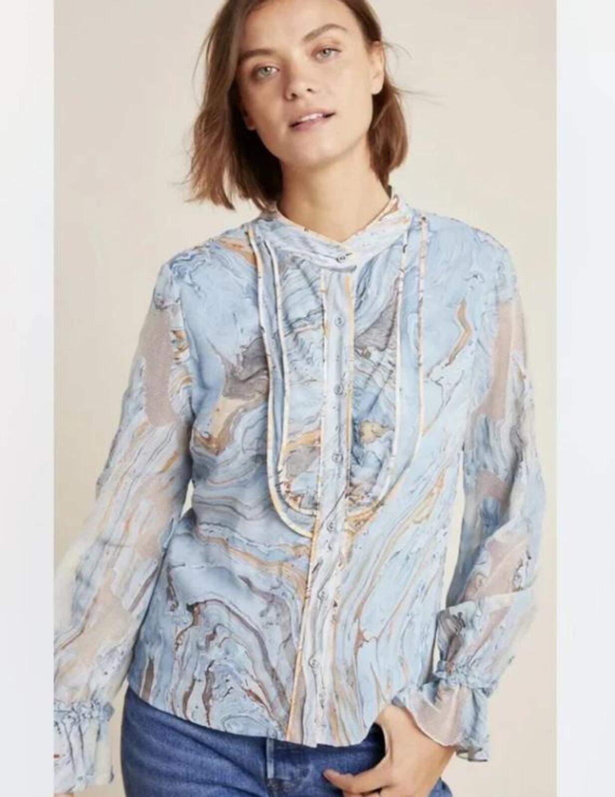 Geisha Designs Anthropologie Blue Marble Print Ruffle Blouse Button Up Top Sz S