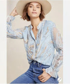 Geisha Designs Anthropologie Blue Marble Print Ruffle Blouse Button Up Top Sz S