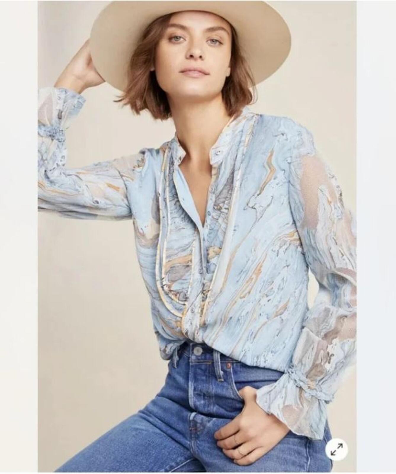 Geisha Designs Anthropologie Blue Marble Print Ruffle Blouse Button Up Top Sz S